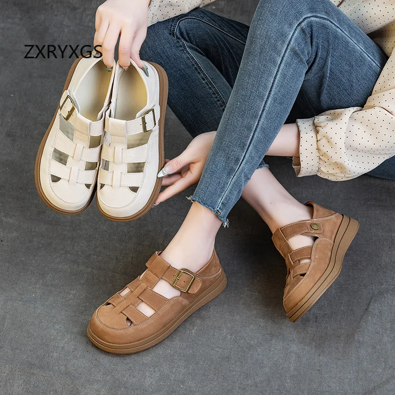 

ZXRYXGS 2026 Новые летние женские сандалии с круглым носком из натуральной кожи, в римском стиле, на плоской мягкой подошве, удобные, модные