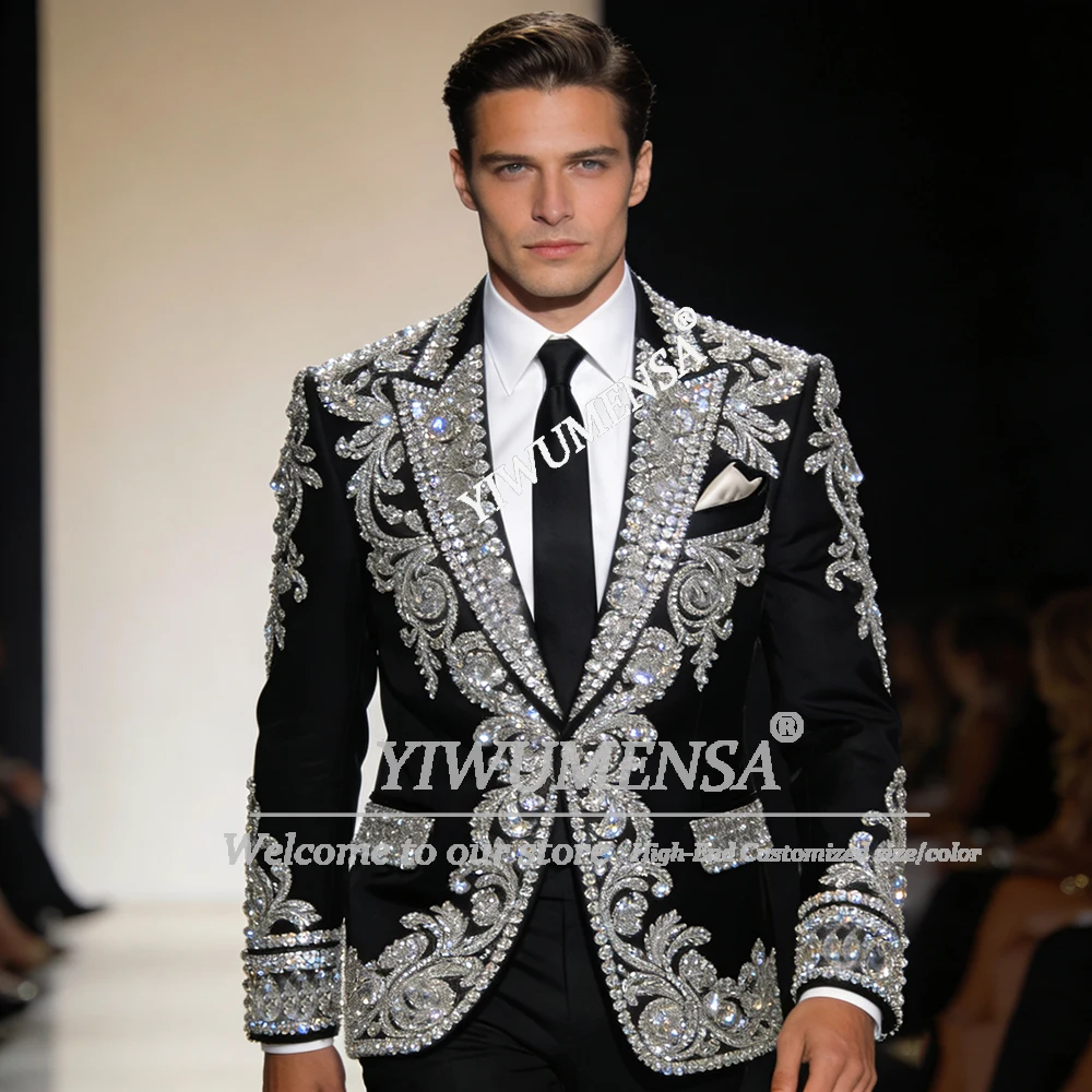 

Rhinestones Beaded Suits Men For Wedding Single Breasted Prom Blazers Customized 2 Pieces Sets Man Banquet Groom Tuxedos Outfits