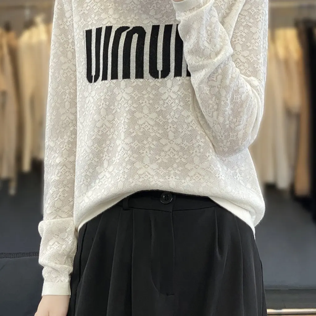 

Женский вязаный свитер с круглым вырезом, вязаный крючком, свободная базовая рубашка из ультратонкой шерсти с длинными рукавами и буквенным принтом на весну и осень