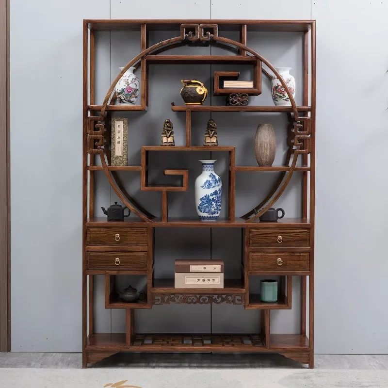 Round Bogu frame Solid wood Chinese Duobao Pavilion Display cabinet Tea set Partition Antique frame Jinhua pear 1.3 meters