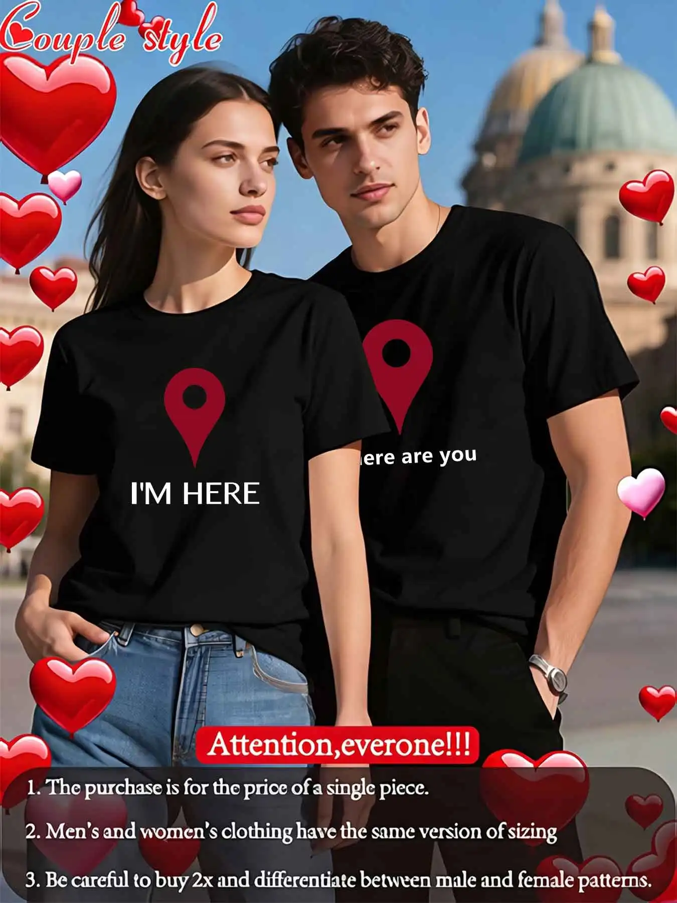 Couple Matching T Shirt Men Women Crew Neck Short Sleeve Location Marker Letter Graphic Print Summer Casual Loose Tees Tops