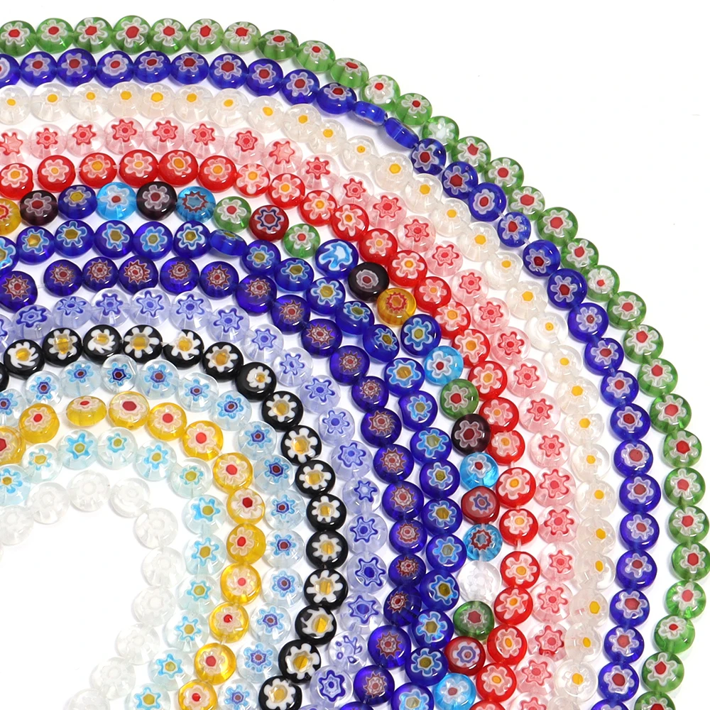 1줄 6/8/10mm 램프워크 비즈 평평한 원형 유약 처리된 유리 꽃 비즈 쥬얼리 제작 DIY 팔찌 목걸이 공예 액세서리