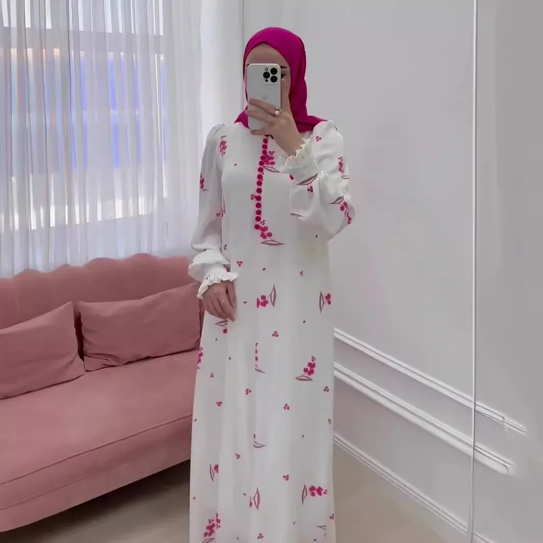 Turkey Arabic Muslim Dress Women Spring Little Fresh Floral  Dress for Women Dubai Abaya Loose Printed Long Robe Femme Vestidos