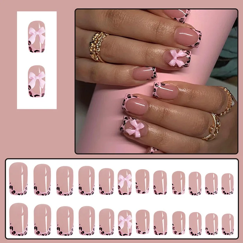 Sweet Cool Nail Sticke With Short Bright Flour Leopard Print Bow Wear Nails Removable Fake  Nails Patch Type Wearable Manicure