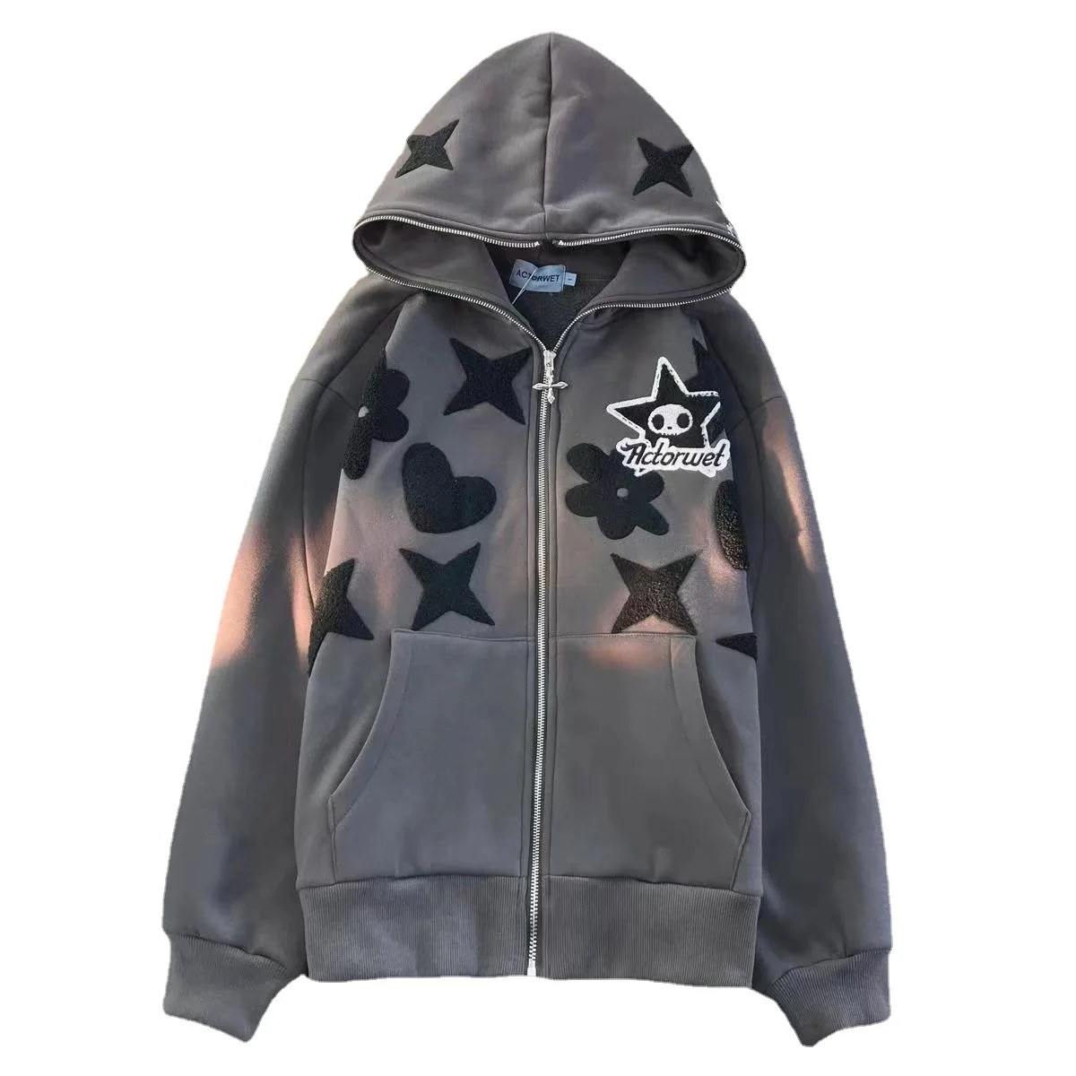 American Vintage Embroidery zip up hoodie High Quality Jacket Women Oversized Star Print Sweatshirt Goth Harajuku Y2k Streetwear