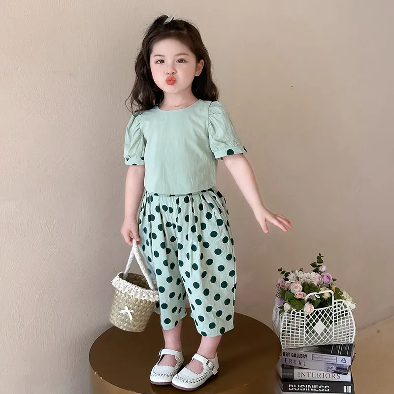 2026 Summer Baby Girls Cotton Crop Bow Back Puff Sleeves Shirt Top+Dots Shorts Pant Set Kids 2PCS Suit Children Vacation Outfit