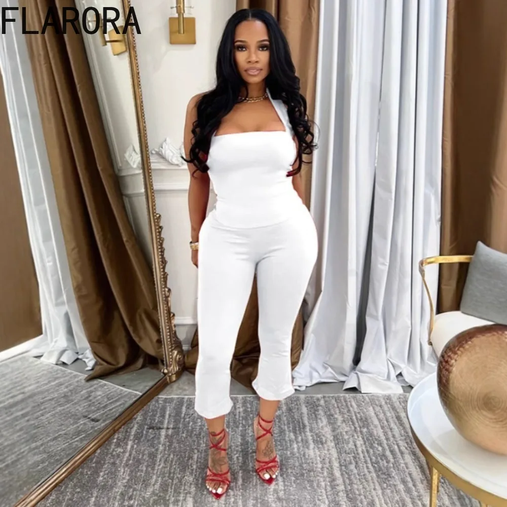 

FLARORA Elegant Backless 2 Piece Sets Woman Halter Sleeveless Crop Tank Tops And Skinny Flare Shorts Outfits Street Tracksuits