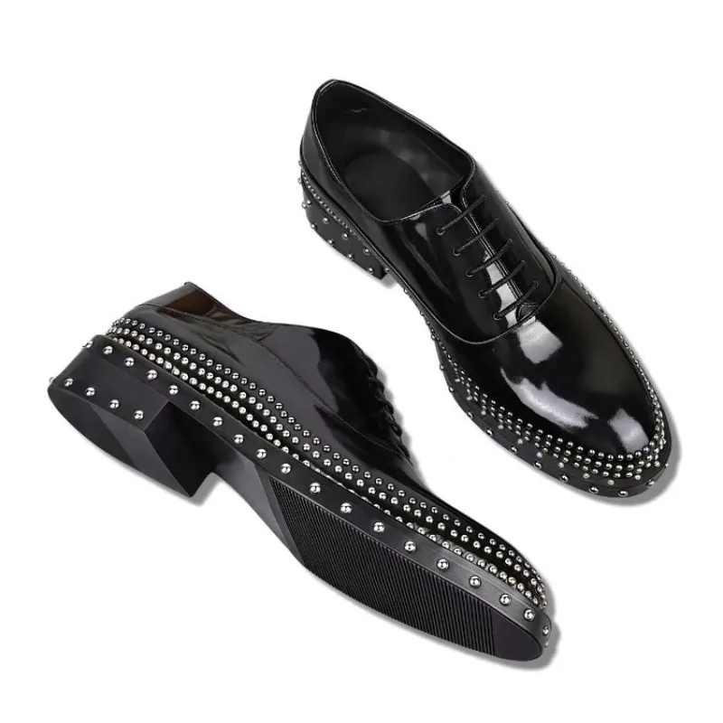 2026 New Rivet Leather Shoes Genuine Leather Handmade Formal Business Men Shoes British Glossy Leather Derby Shoes