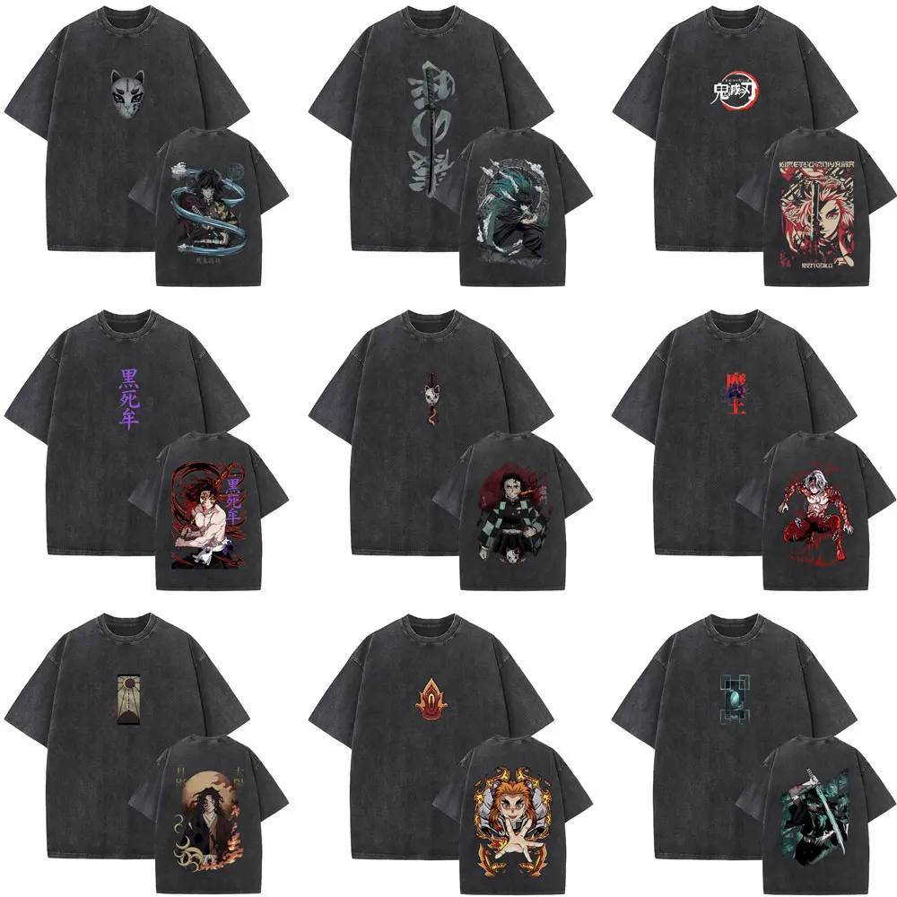 

Washed Vintage Anime Demon Slayer Graphic T Shirts Men Women Cartoon Fashion Trend T-shirts Men's Casual Oversized Streetwear