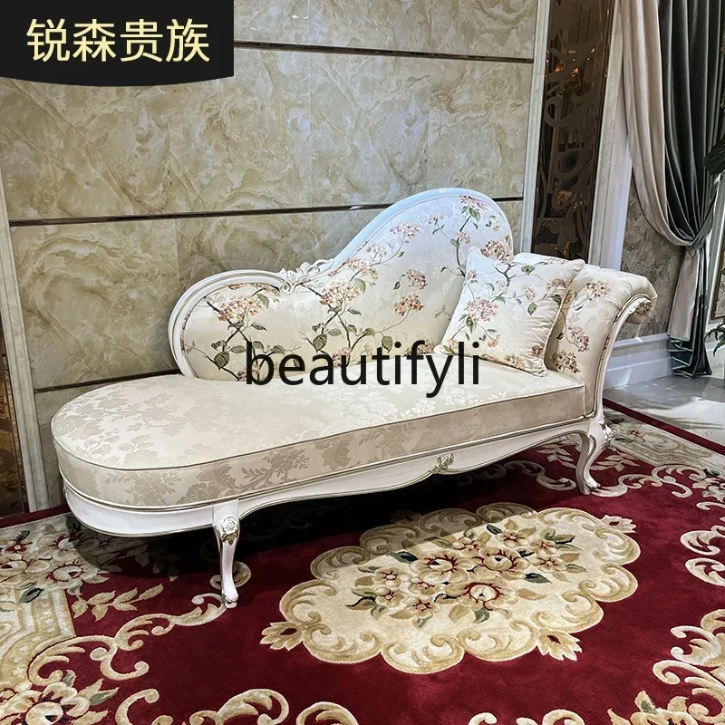 French fabric embroidery chaise longue bedroom neoclassical solid wood recliner lazy chair2936