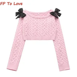 Soft Twist Knit Sweater Pink Long Sleeve Designed Satin Knot Bow Short Pullover Off-Shoulder Outfit