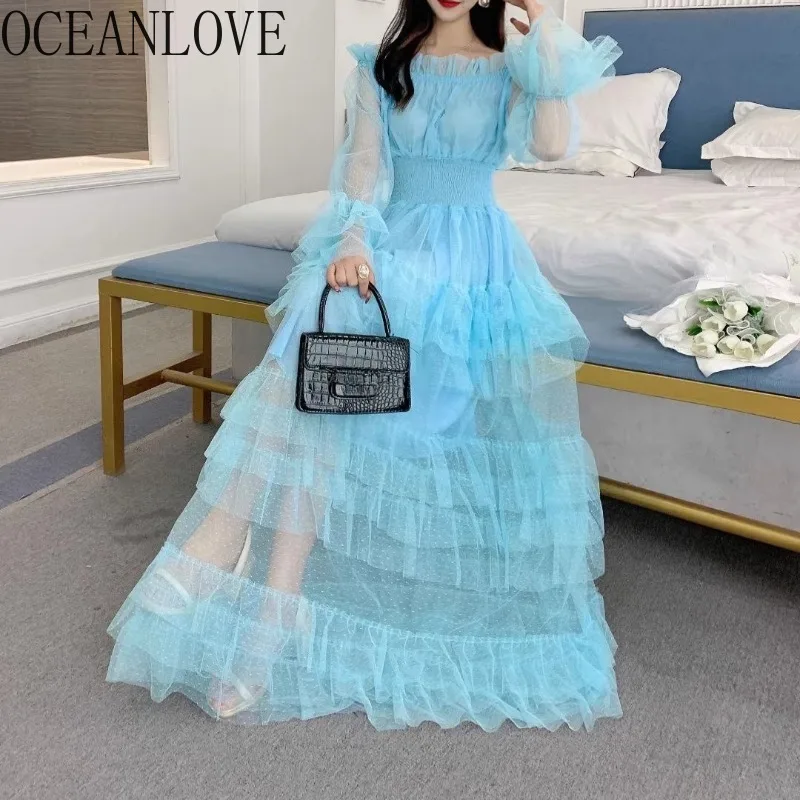 

OCEANLOVE марлевые длинные платья с оборками, весенне-осеннее однотонное женское платье, корейское модное винтажное платье трапециевидной формы, Vestidos Mujer