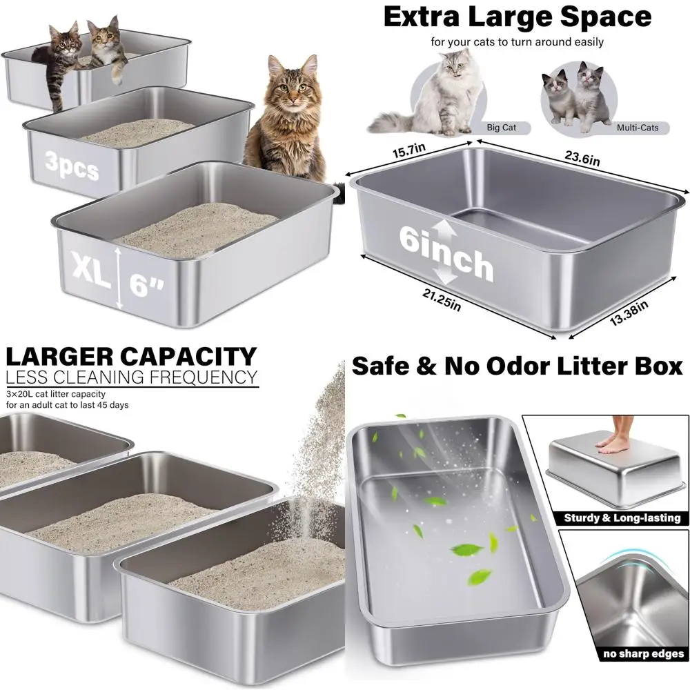 

Очень большие кошачьи лотки из нержавеющей стали, 3 шт., 23,6 x 15,7 x 6, металлический лоток XL без запаха для больших кошек, несколько кошек