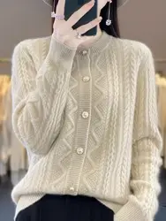 Autumn Winter New Fashion Round Neck Long Sleeve Solid Button Sweaters Women's Clothing Loose All-match Knitting Trend Chic Top