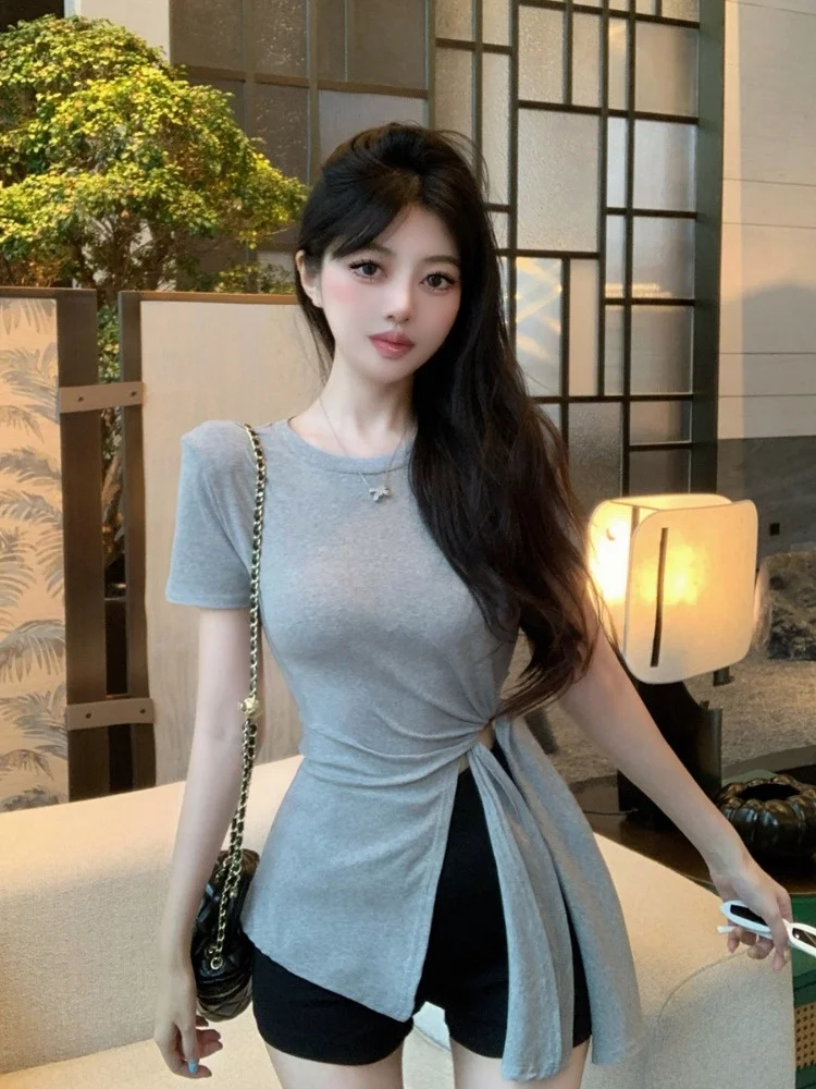 

Elegant Asymmetrical Slit Belted Grey Top Women's Design Sensual Short Sleeve T-Shirt Slim Fit Commute Style Pure Color Summe...