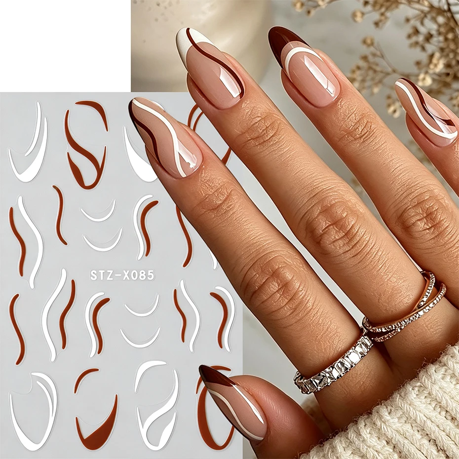 2 Sheets Abstract French Wave Swirl Nail Art Stickers White Brown Curved Line Nail Decals Abstract Curve Nail Sticker Decoration