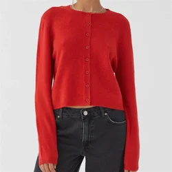 Crochet Knit Cardigans Women Slim Crew Neck Vintage Y2k Long Sleeve Single Breasted Sweaters 2024 Autumn Lady Versatile Sweater