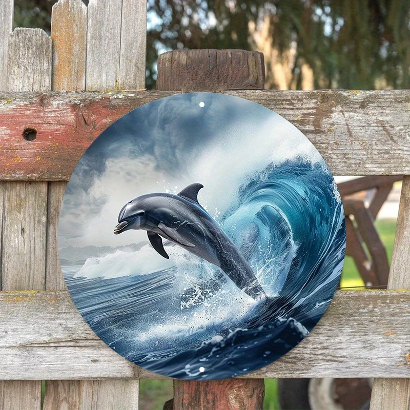 Waterproof Dolphin Ocean Wave Aluminum Sign, Circular Metal Sign, HD Printing, Decorative Wall Poster, Wall Art Home Decor