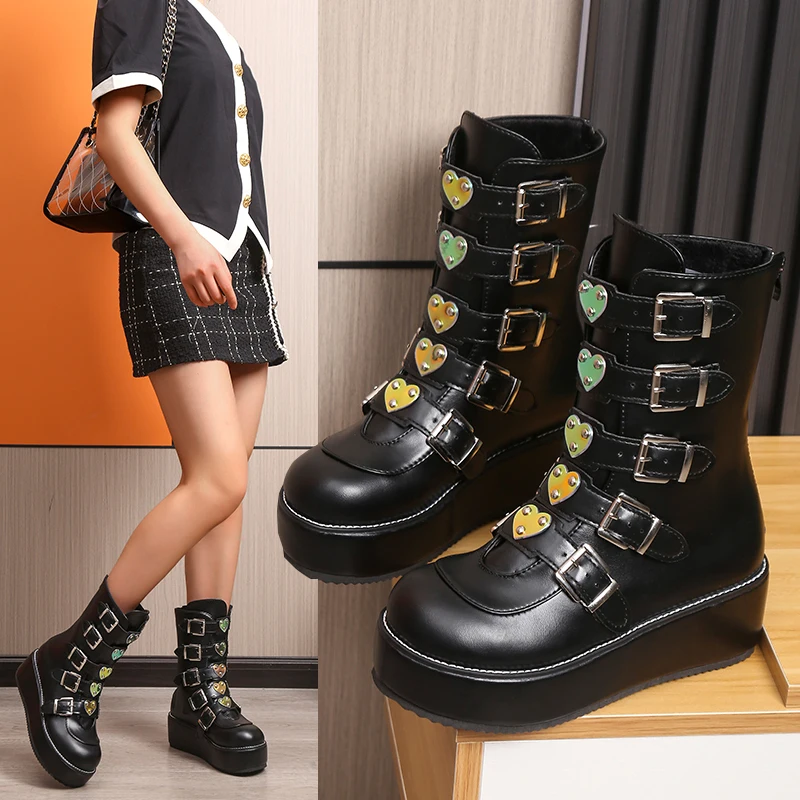 

Luxury Brand Big Size 43 Fashion Cool Street Buckles Goth Winter Platform Motorcycles Boots Halloween Cosplay Black Woman Shoes