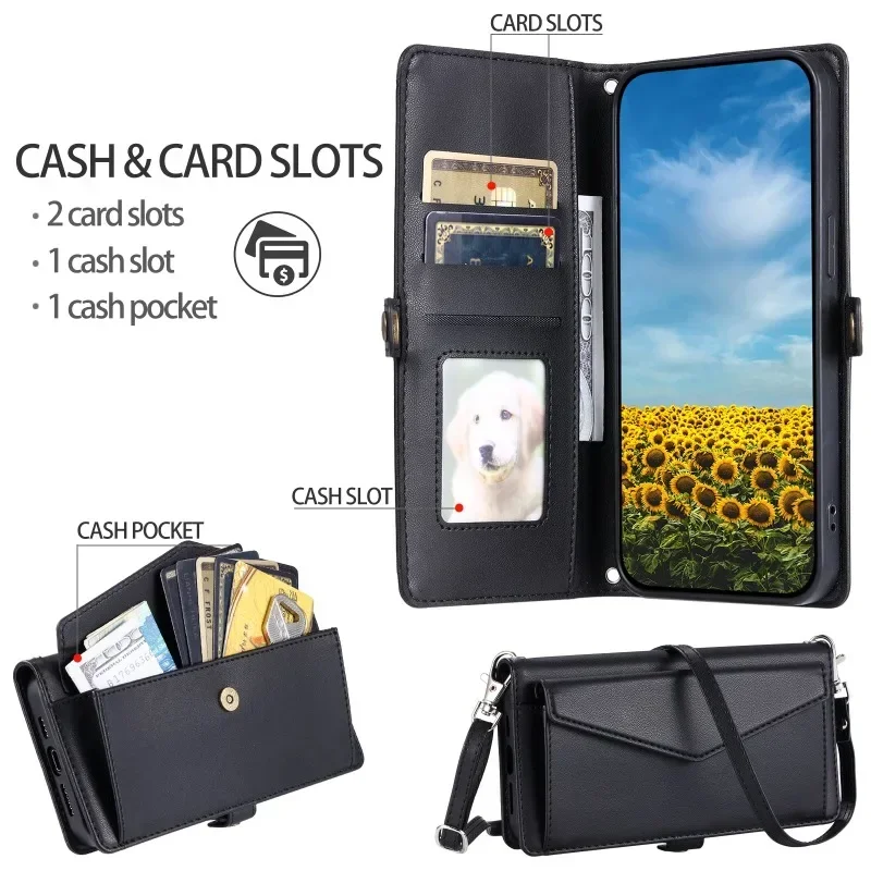 Funda Phone 16 15 14 Pro Max Wallet Lanyard Bag Case for iPhone 15 14 13 12 mini 11 Xs XR Pro Max 7 8 Plus Simple Leather Cover