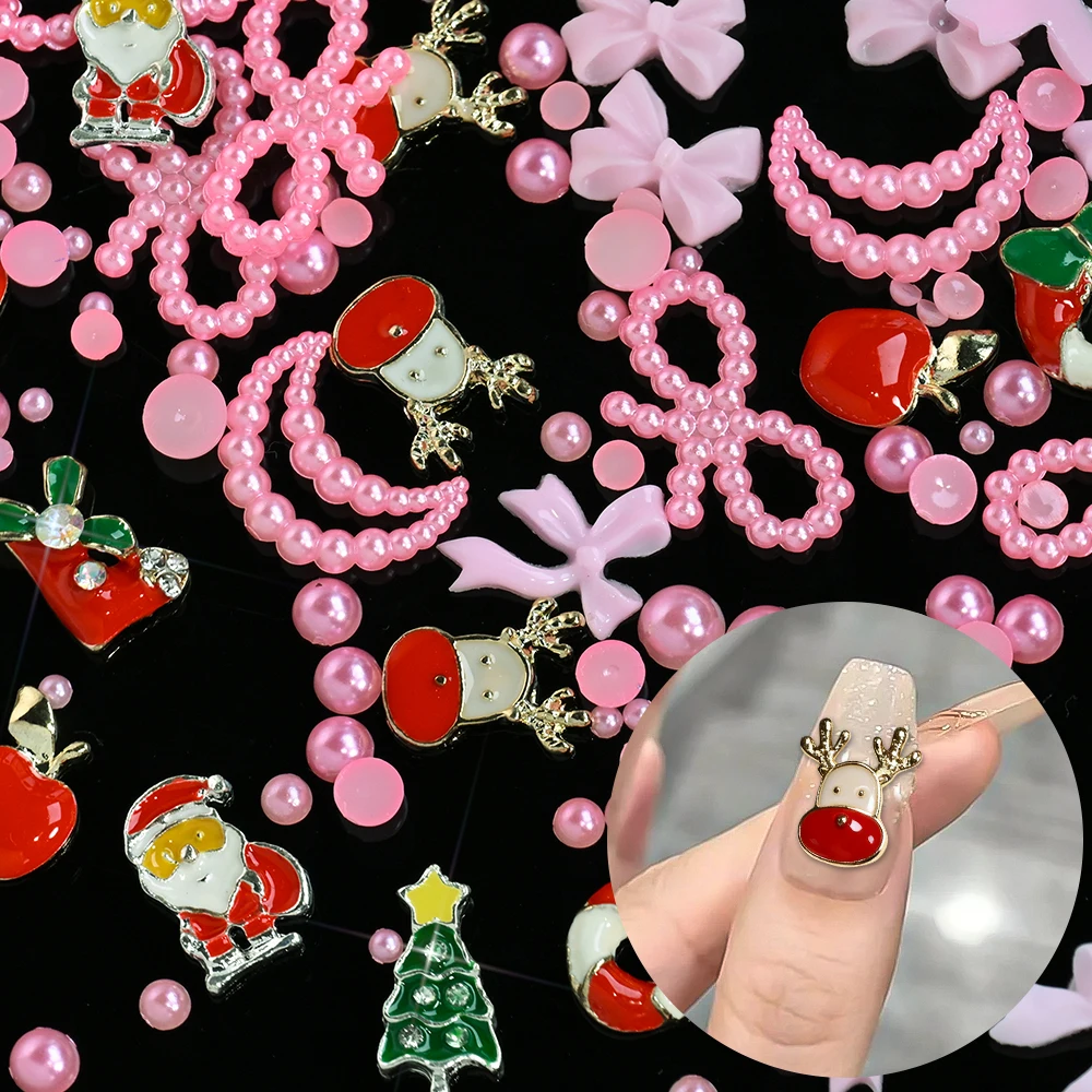 12grid/Box 3D Alloy Christmas Santa Elk Nail Art Decorations Flatback Pink Resin Bowknot Half Pearls Nail Charms Xmas Nail Suppl