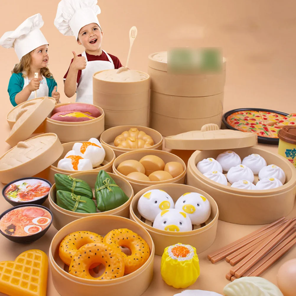 58 Pcs Fake Food Kitchen Toys Toddler Mother for Kids Plastic Steamed Buns Chinese Breakfast Cooking