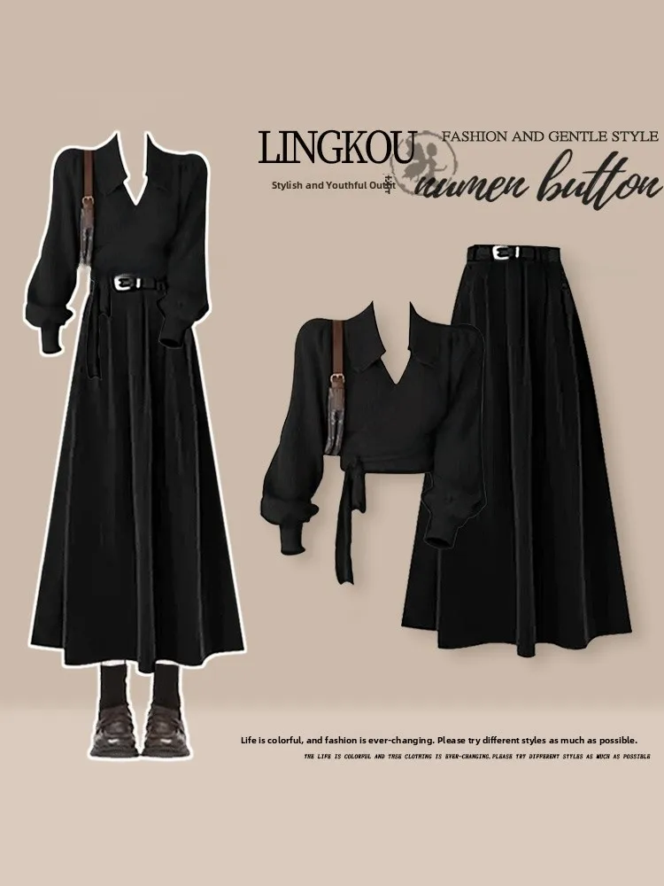 

Korean Style Autumn Set Women's Maturity Style Shirt Collar Belted Top with Premium Feel Half-length Skirt Two-piece Set