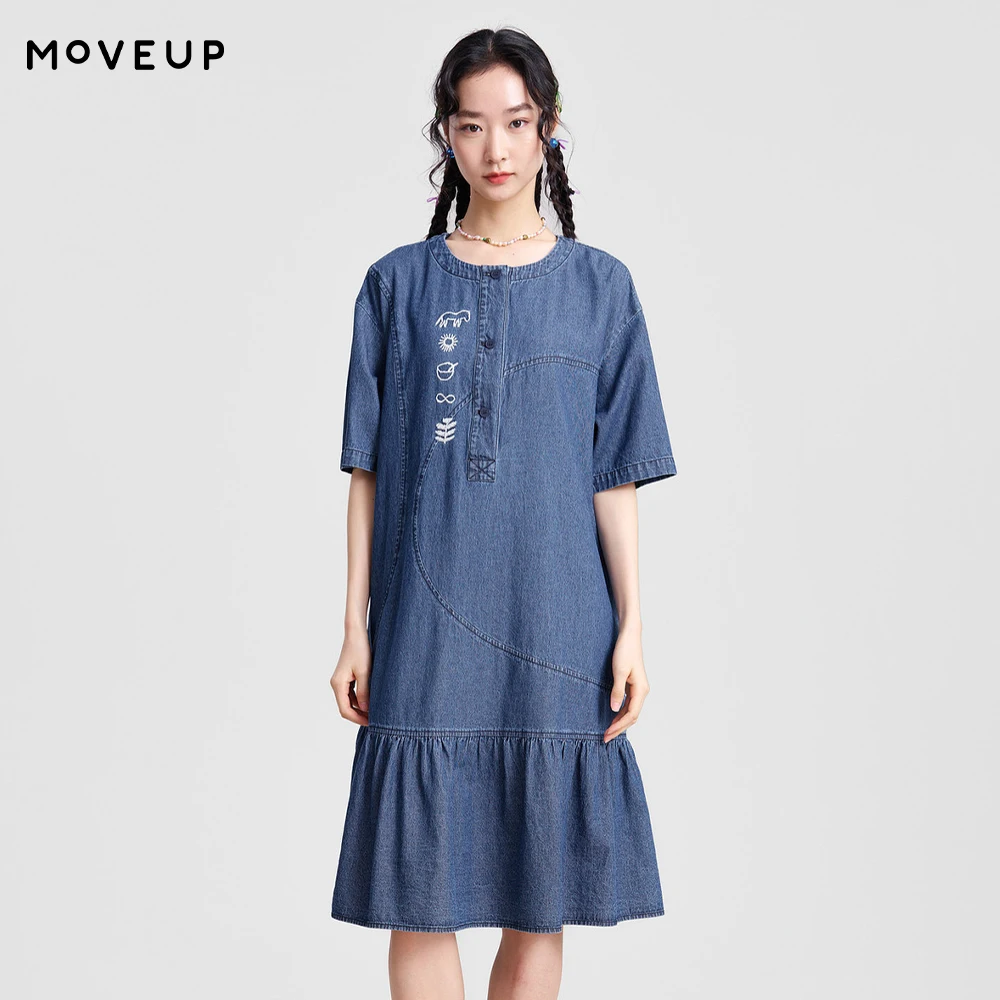 

MOVEUP Short Sleeve Denim Dress 2026 Spring New 100% Cotton Crew Neck Half Placket Embroidery Ruffle Hem Loose Dress 3ELC41305