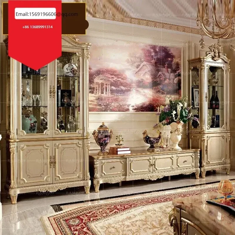 

European luxury champagne TV cabinet villa living room single and double door wine cabinet combination tv console furniture