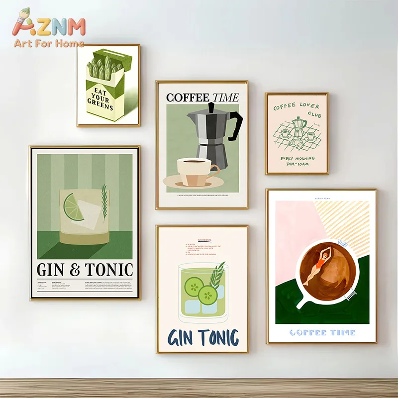 AZNM Retro Coffee Gin Tonic Drink Canvas Print Green Pastel Vegetable Cocktail Moka Pot Minimalist Unframed Canvas Wall Art Kitc