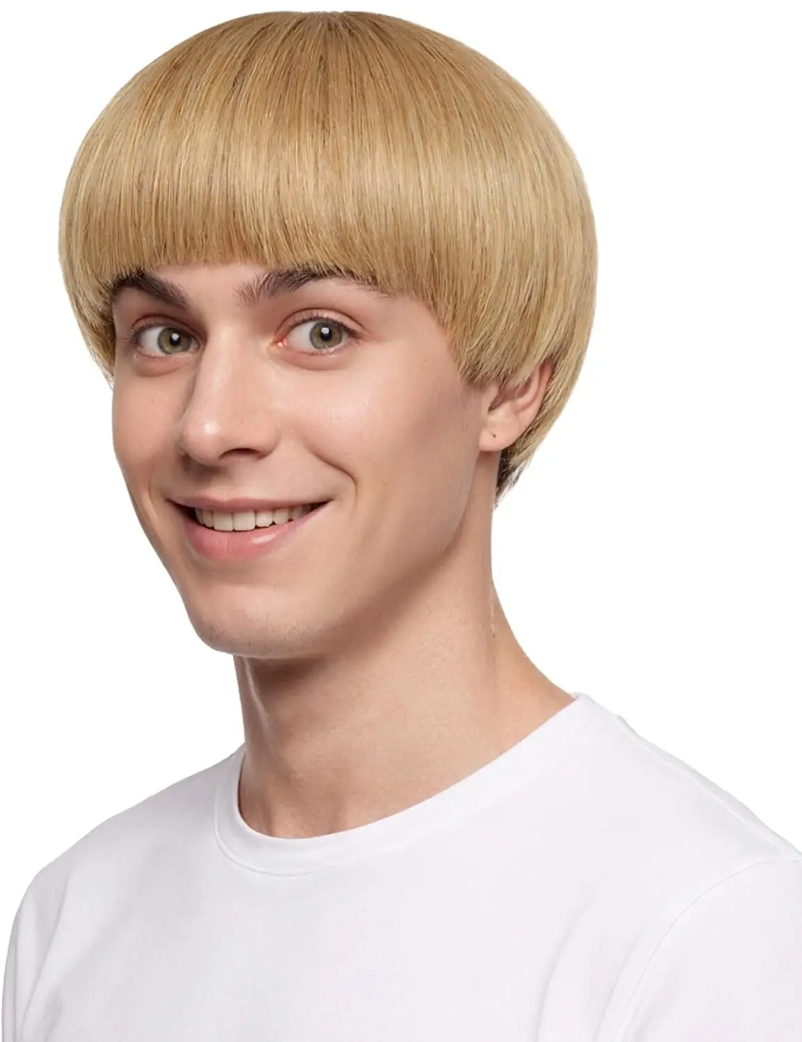 Blonde Mushroom Wig for Men Short Bowl Cut Wigs for Halloween Party Funny Blond Bob Synthetic Wigs with Bangs for Man