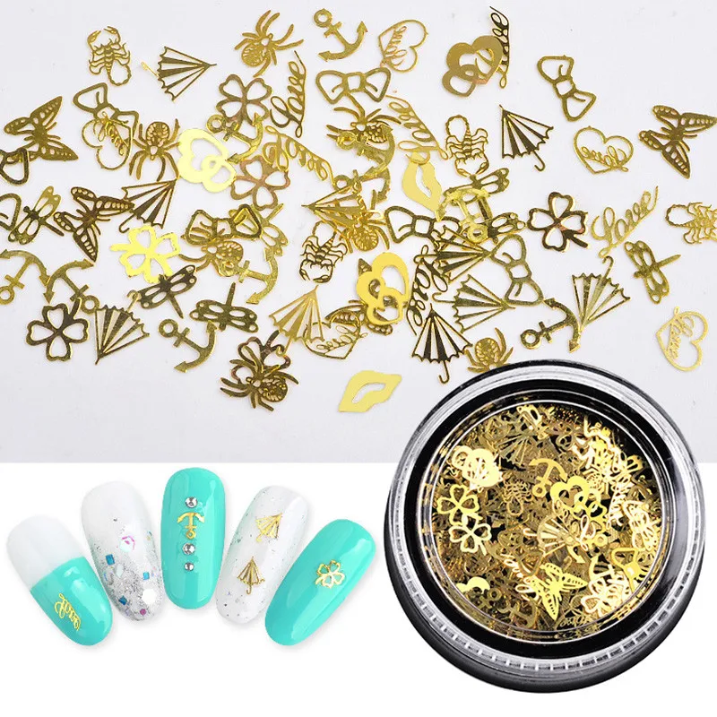 1 scatola 3D decorazione per unghie in metallo forma mista fiori dorati croce foglie ciondoli fai da te paillettes in metallo gioielli accessori per unghie