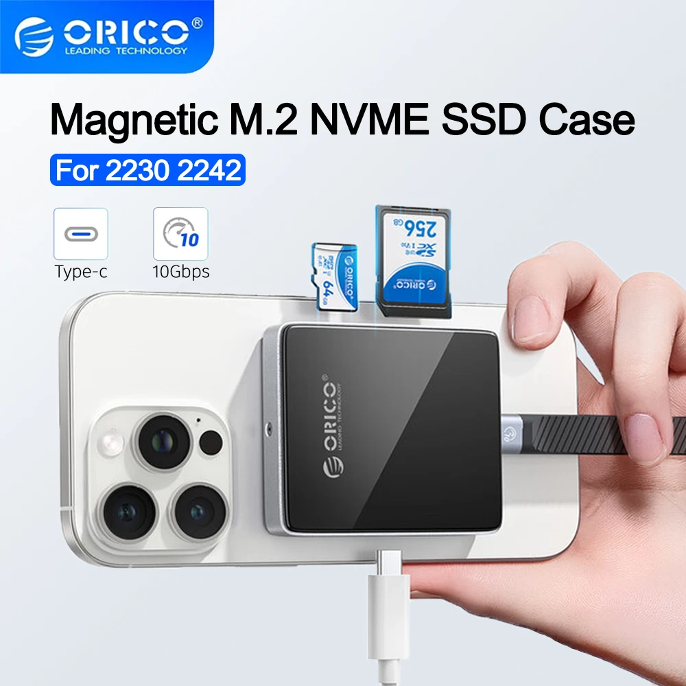 

ORICO Magnetic 2230 2242 M.2 NVME SSD Enclosure 10Gbps Type-C M2 PCIE NVME SSD Case TF PD 100W External Adapter for iPhone