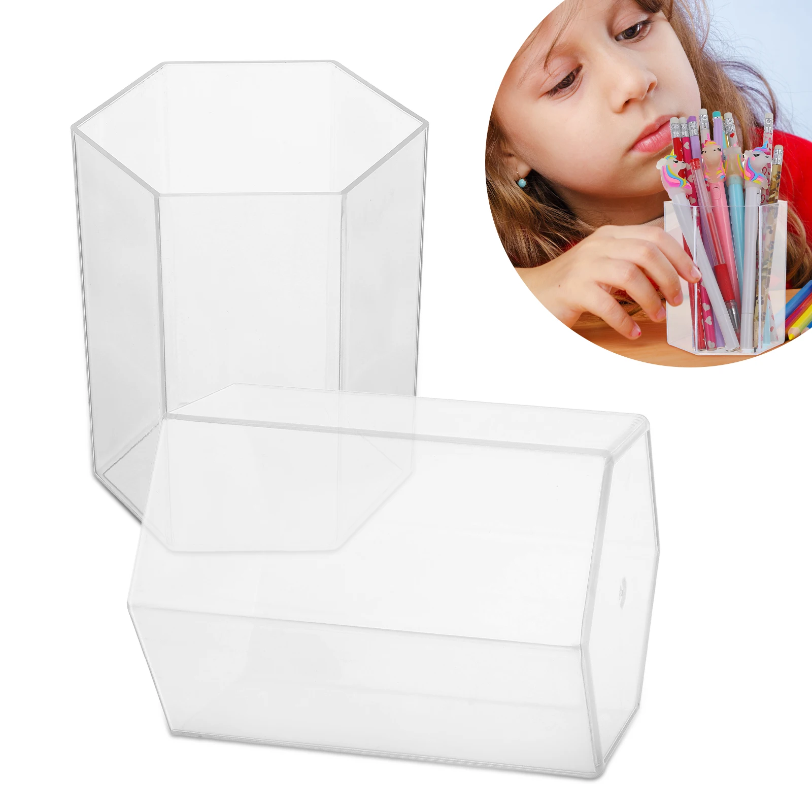 

2 Pcs Hexagonal Pen Holder Acrylic Organizers Desktop Small Pencil Buckets Office