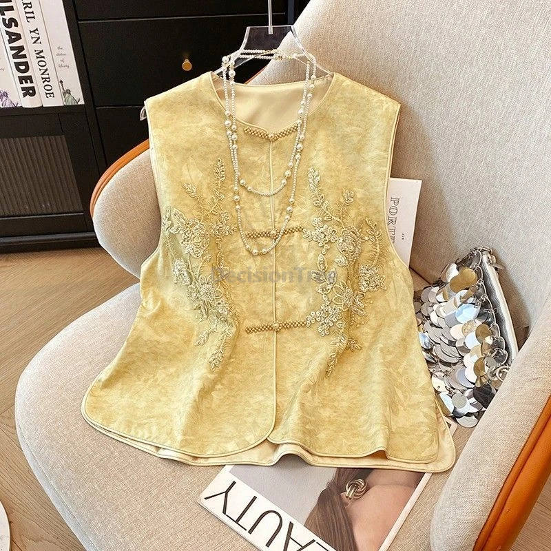 春夏の女性のベスト刺繍ベストヴィンテージ中国風の伝統的なバックルトップ唐スーツジャケットファッションデイリーコート