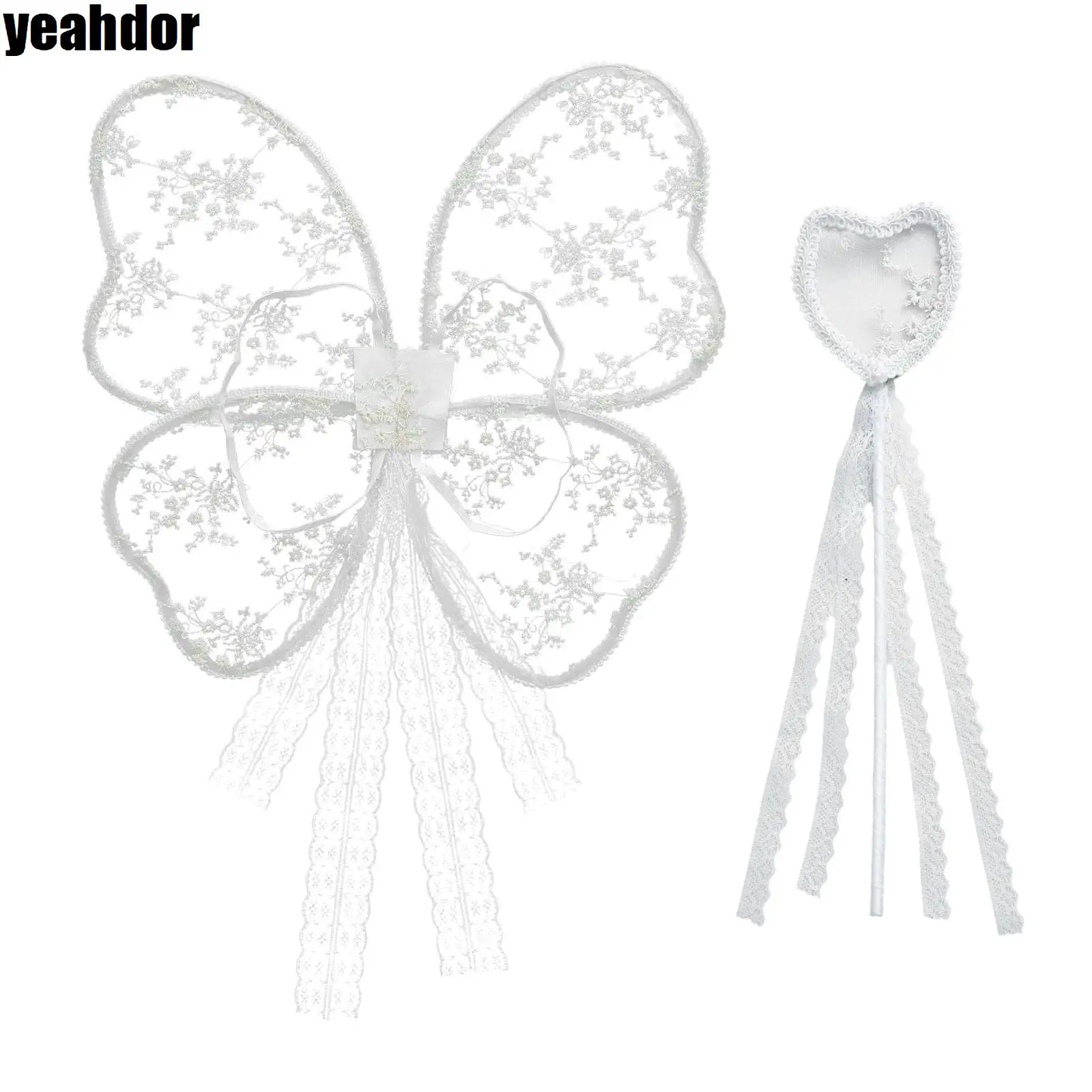 

Kids Girls Flower Fairy Butterfly Wings with Heart Wand Delicate Embroidery Lace Trims Wings with Elastic Shoulder Straps