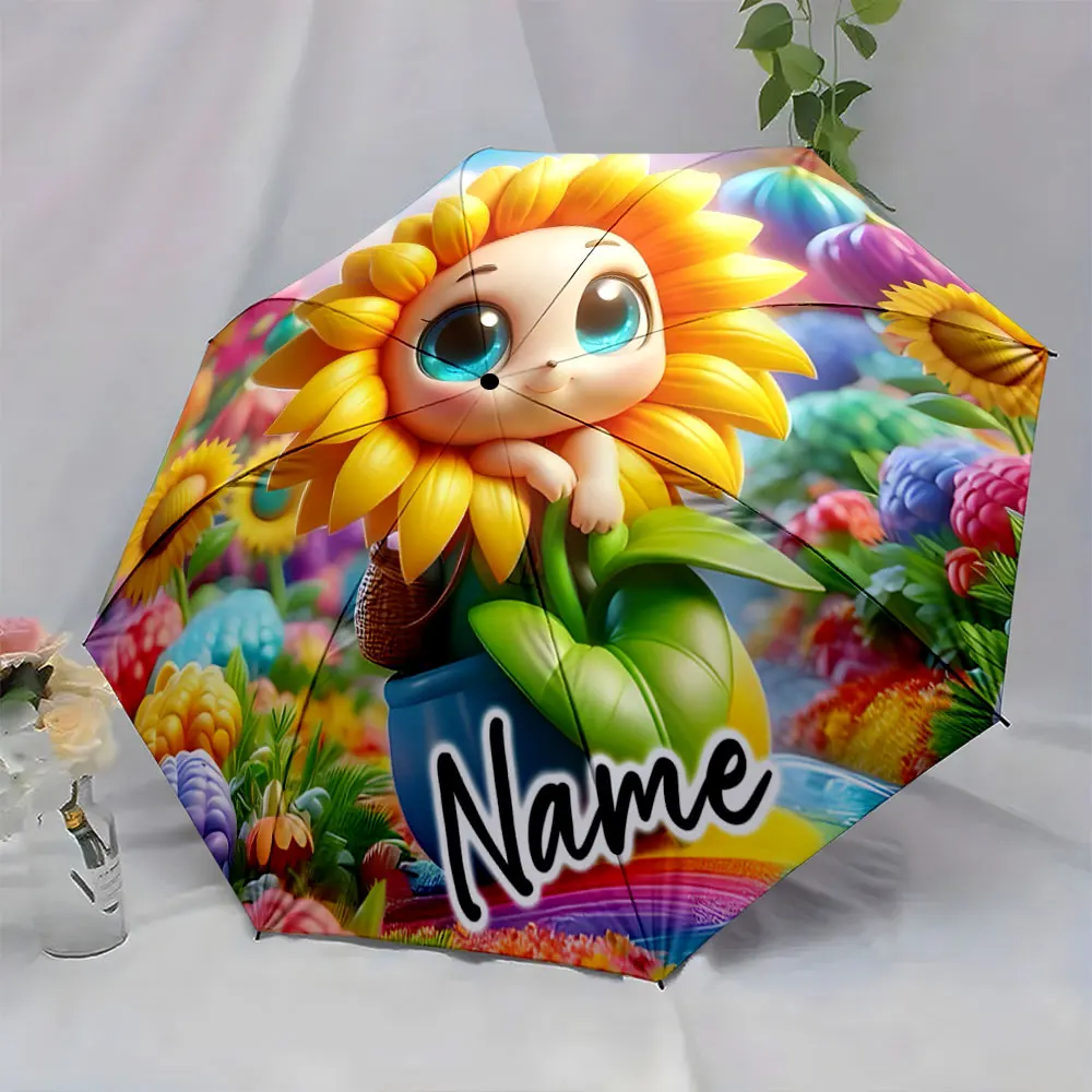 Custom Name  Colorful Sunflower Character Umbrella Design Print 8 Iron Ribs Folding Umbrella Auto-Open Fashion Sunshade