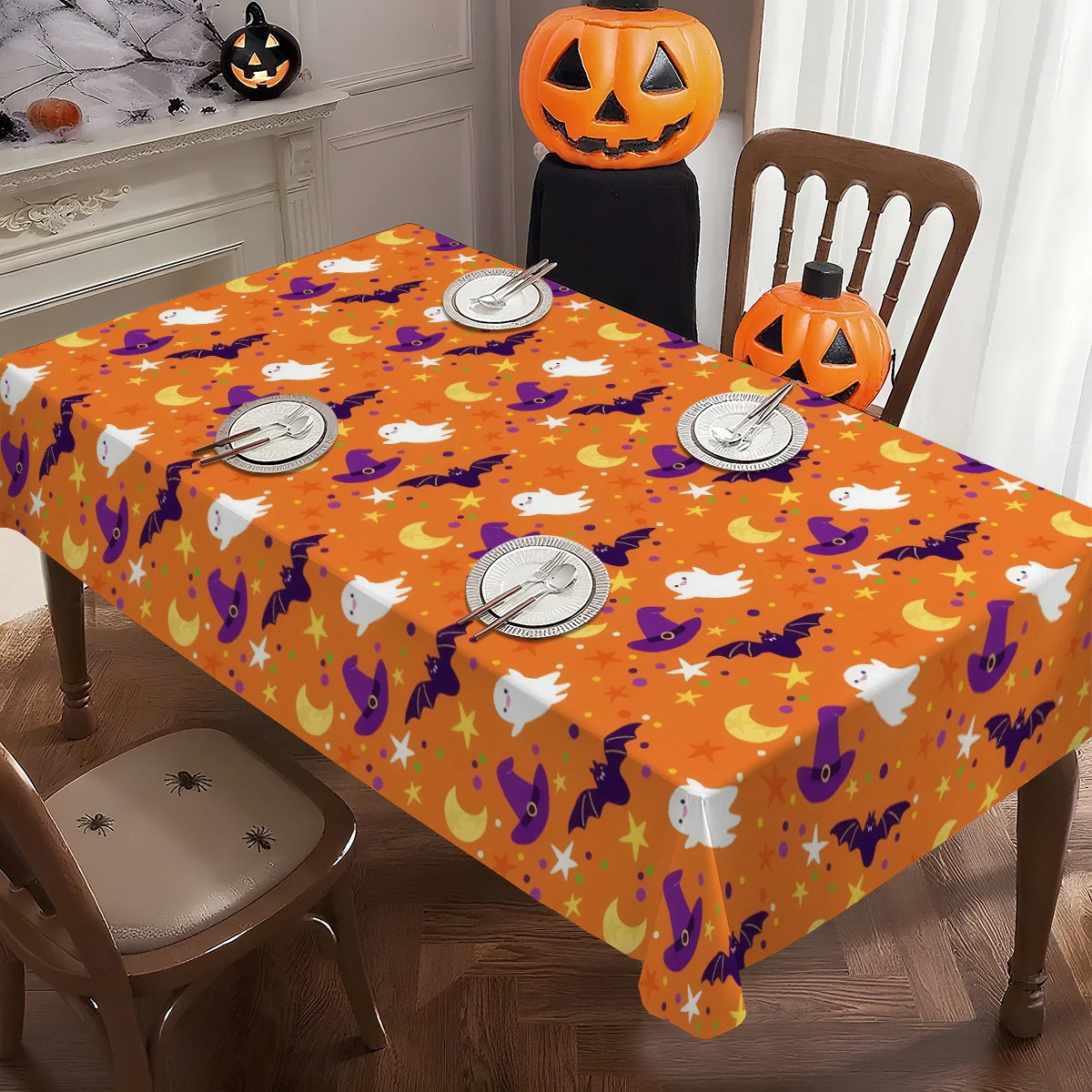 1pc Terrifying Orange Ghost Bat Moon Star Printed Foldable And Easy-To-Store Polyester Halloween TableclothSuitable For Kitchens