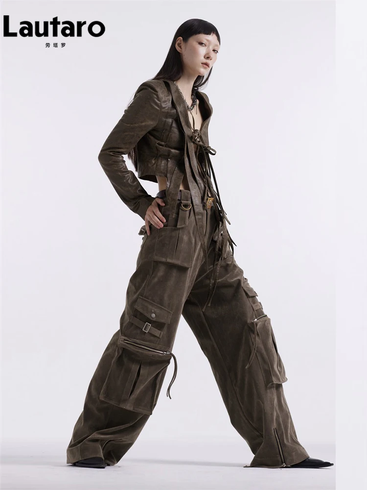 Lautaro Spring Autumn Loose Cool Suede Faux Leather Cargo Pants for Women with Many Pockets Emo Runway European Fashion 2023