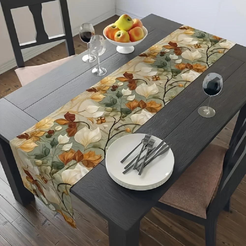 1 Piece of Autumn Flower Table Runner, Colorful Leaf and White Flower Vine Pattern, Suitable for Restaurant, Home, Cafe, Dinner, Soft Decoration Display.