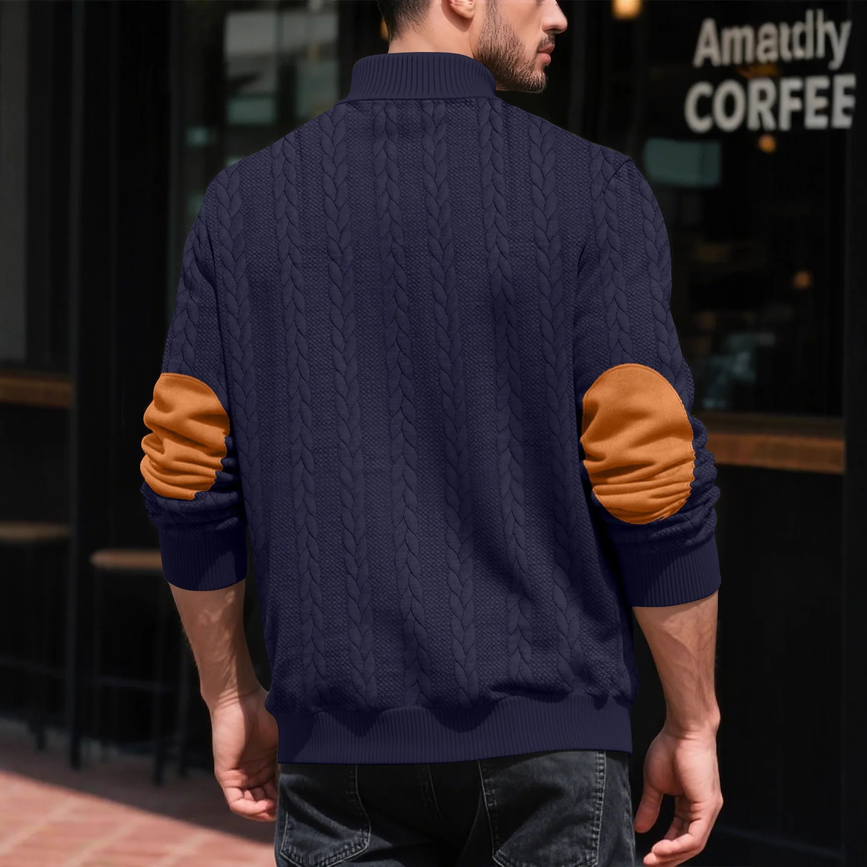 Corduroy Solid Color Splicing Long-sleeved Pullover Jacket Retro Casual Large Size Men's Sweater Cw83341