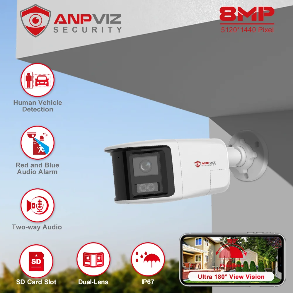 Anpviz 8MP Dual Lens POE Camera 180° View Angel Red&Blue Strobe Flash Light Alarm Color Night Vision AI Human Vehicle Detection