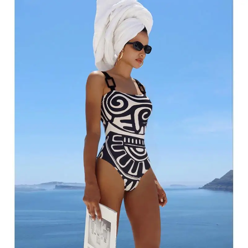 Flaxmaker 2026 Adjustable Shoulder Straps Swimsuit Set Women Vintage Black Tribal Printed Party SwimwearBiquini conjunto de