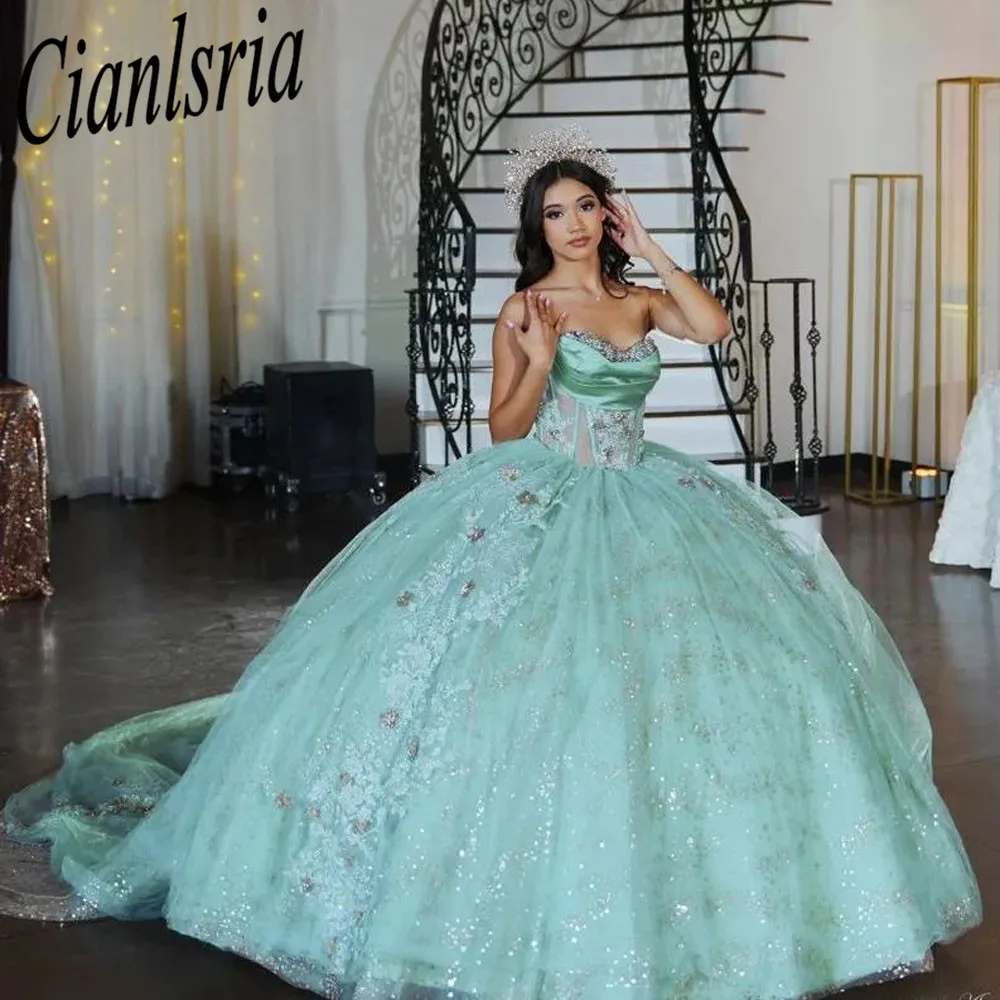 

Мятно-зеленое бальное платье Quinceanera 2023, милое 16-летнее платье, свадебные платья с блестками и аппликацией