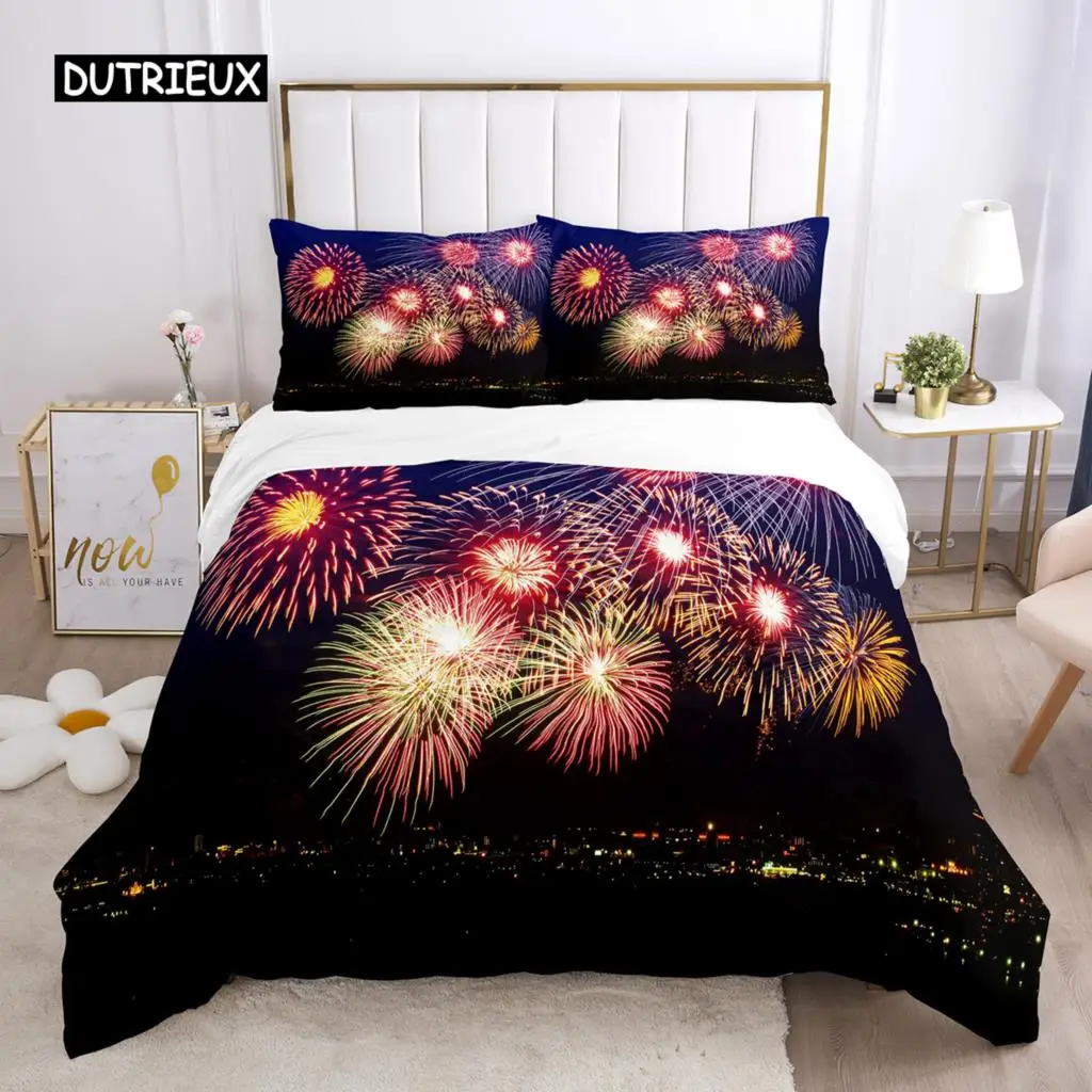 

Firework Duvet Cover Set Queen Size Colourful Fires Bedding Set Microfiber Celebrate Merry Christmas Theme Soft Comforter Cover