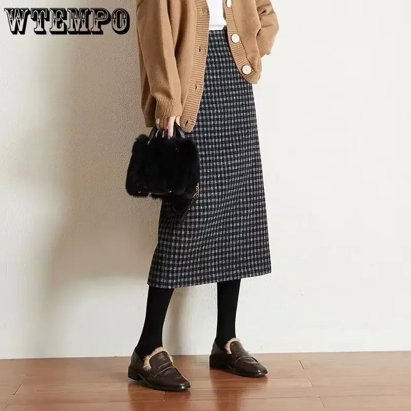 WTEMPO Classic Plaid Midi Skirts Women Autumn Vintage Elegant Office Ladies Behind Slit Designed All-match Harajuku Fashion