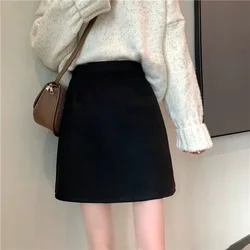 Black Woolen Skirt Women's New 2023 Autumn Winter High-waisted Slimming Mini Dress A- line Petite