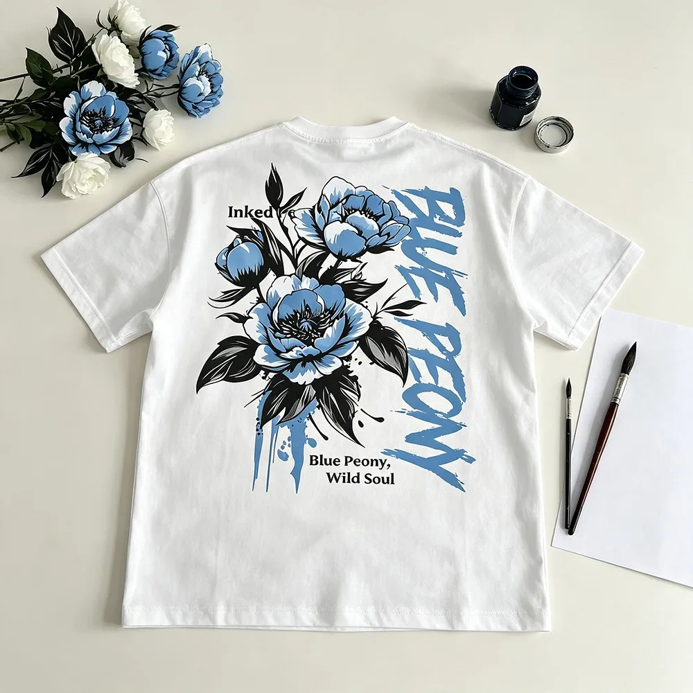 Unisex Blue Peony Ink Art Printed Short Sleeve T‑Shirt, Retro Floral Back‑Print Crew Neck Tee, Fashion Street Style Breathable Cotton Casual Tops streetwear,crew neck,cotton blend,outdoor outing,machine washable