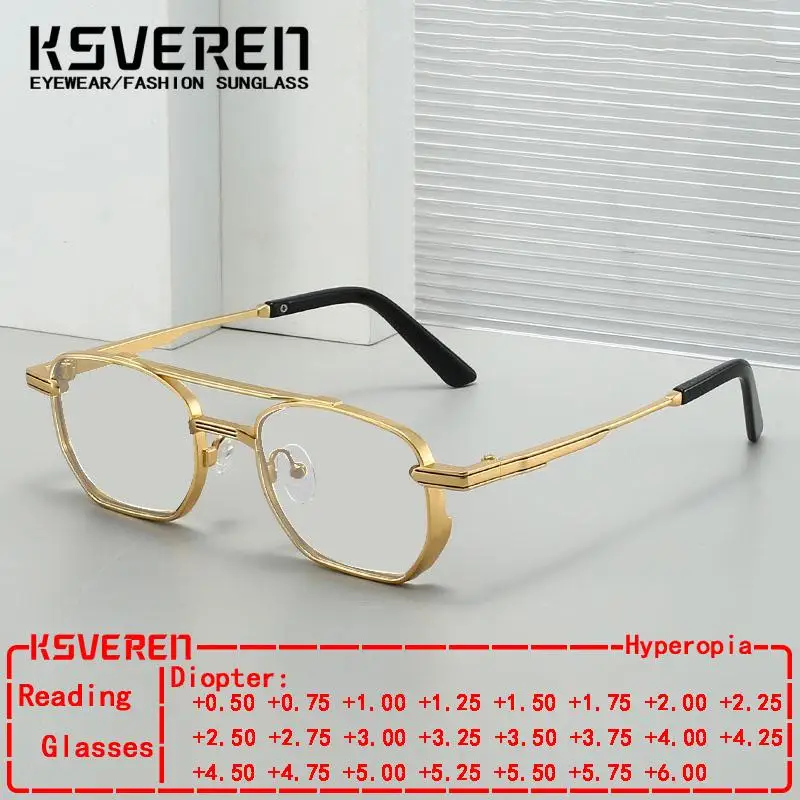

KSVEREN Metal Anti-blue Light Reading Glasses Men Fashion Eyewear Farsighted Simple Presbyopic Eyeglasses Diopter 0 To +6.0