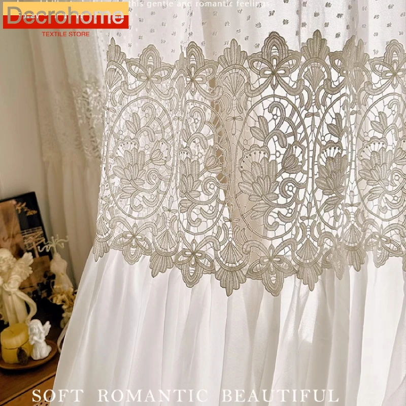 

French White Lace Splicing Chiffon Screen Curtains for Living Room Partition Bedroom Balcony French Window Customized Tulle